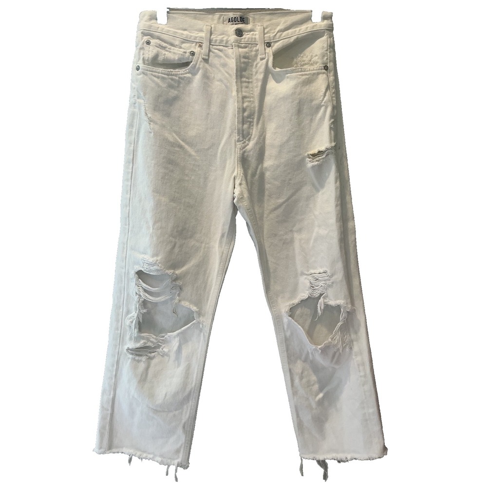 Agolde 90s Crop High-Rise White Denim Jeans In Women's Size 26 With Raw Hem